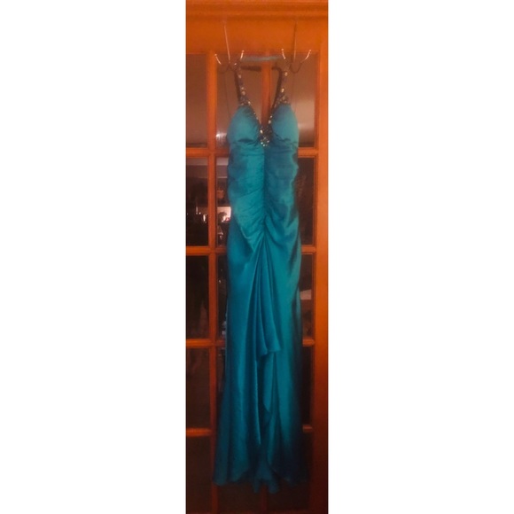 Turquoise Maxi Dress w/ Rhinestone Halter Neck - Picture 5 of 6